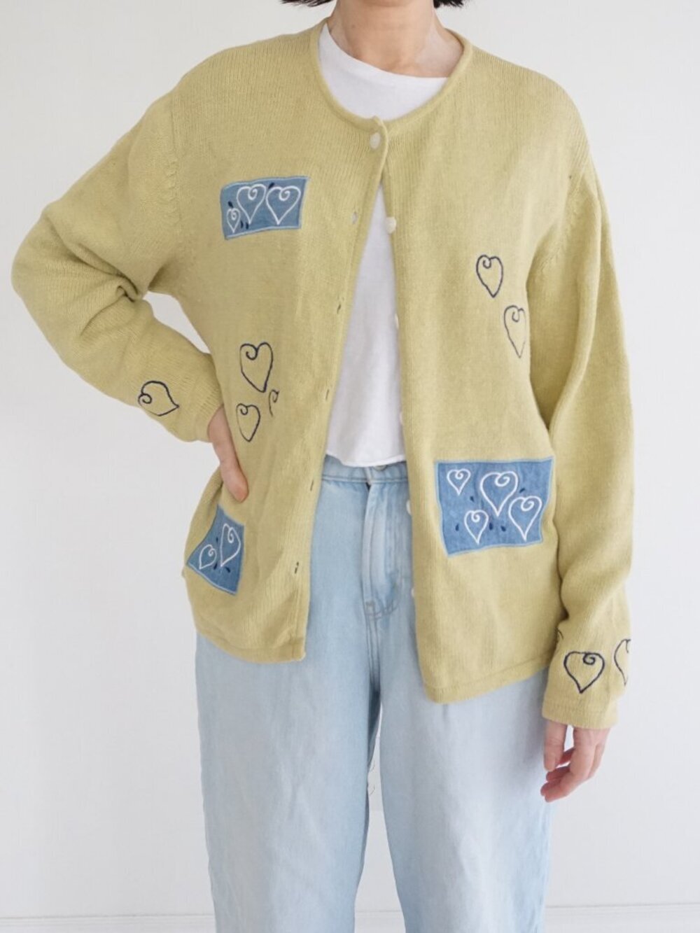 Vintage Christopher Banks Yellow Heart Applique Button Cardigan Cottagecore L